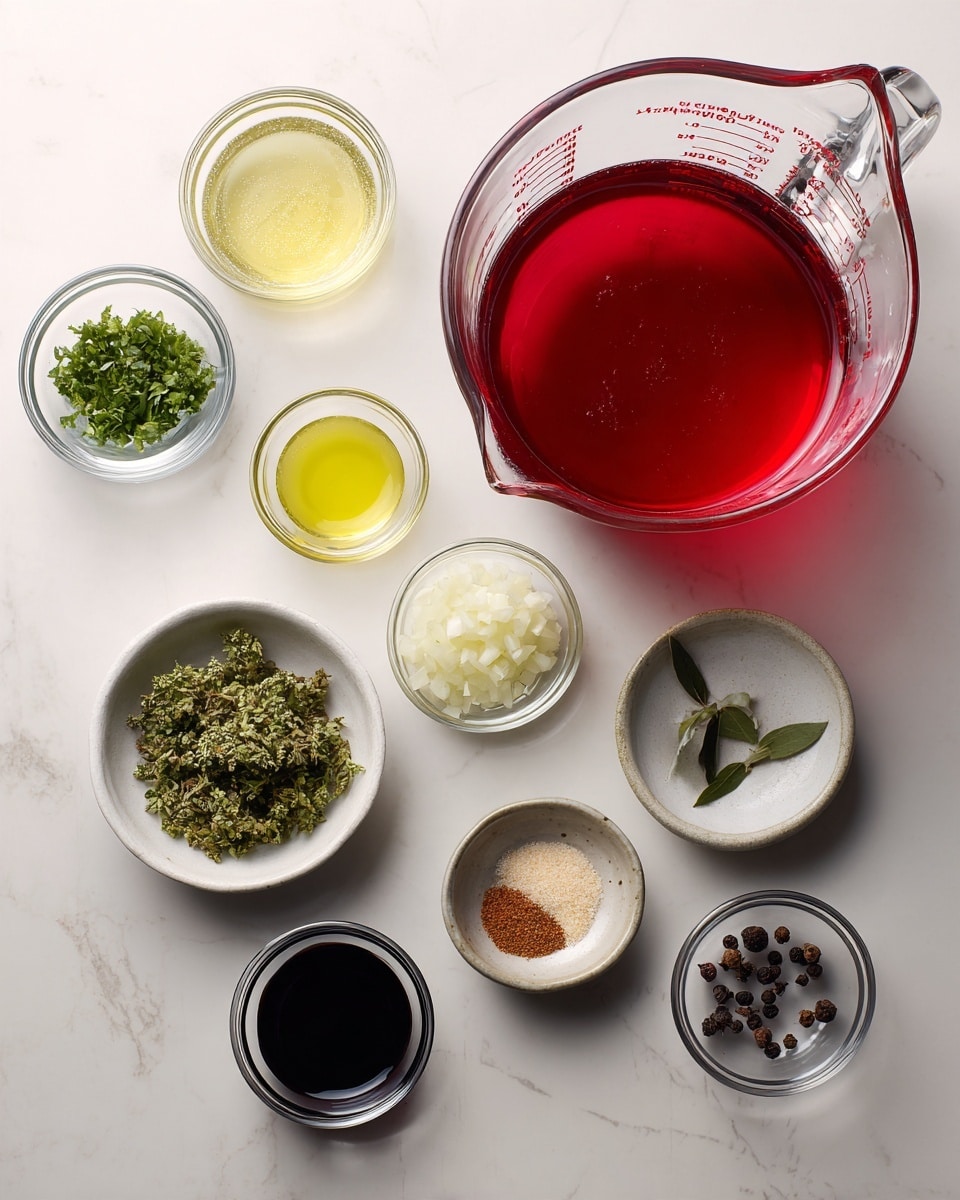 The image shows a clear measuring cup filled with bright red tomato sauce on the right side, surrounded by eleven small clear glass bowls with different ingredients placed on a white marbled surface. The bowls contain chopped green herbs, dried bay leaves, chopped white onions, black pepper, a dark brown liquid, salt, granulated white substance, two clear liquids in small measuring cups, light yellow liquid in a small measuring cup, and three cloves in one bowl. The arrangement is neat and evenly spaced, with the bright colors and textures of each ingredient clearly visible, creating a clean and organized look. Photo taken with an iphone --ar 4:5 --v 7