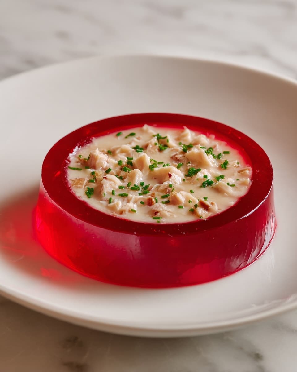 A white plate holds a round molded dish with two layers: the outer ring is bright red, shiny, and gelatin-like with a smooth, glossy texture and small chunks visible within, while the inner circle is filled with creamy, light beige pieces of chicken mixed with small green herbs, giving it a soft and chunky look. The plate sits on a white marbled surface with a yellow checkered cloth and two spoons blurred in the background. Photo taken with an iphone --ar 4:5 --v 7