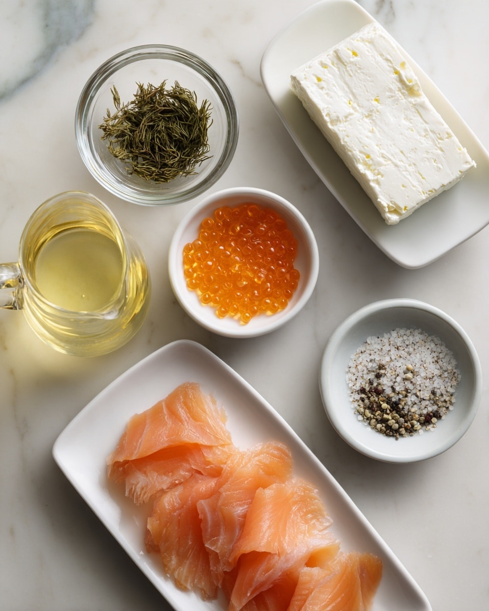 The image shows six items arranged neatly on a white marbled surface. At the bottom center is a white rectangular plate with thin, light orange slices of smoked salmon, slightly overlapping each other with soft, smooth texture. To the right of the salmon is a small white bowl filled with mixed black and white coarse pepper and salt. Above the salmon is a white rectangular plate holding a block of plain white cream cheese with a smooth surface. To the left of the cream cheese is a small white bowl containing shiny, bright orange salmon roe. Below the roe is a small clear glass bowl filled with dry green dill flakes. Below the dill is a glass measuring cup with pale yellow lemon juice, showing a smooth liquid texture. Above the lemon juice is a small glass pitcher with thick, white sour cream. All items are spaced evenly on the white marbled surface. photo taken with an iphone --ar 4:5 --v 7