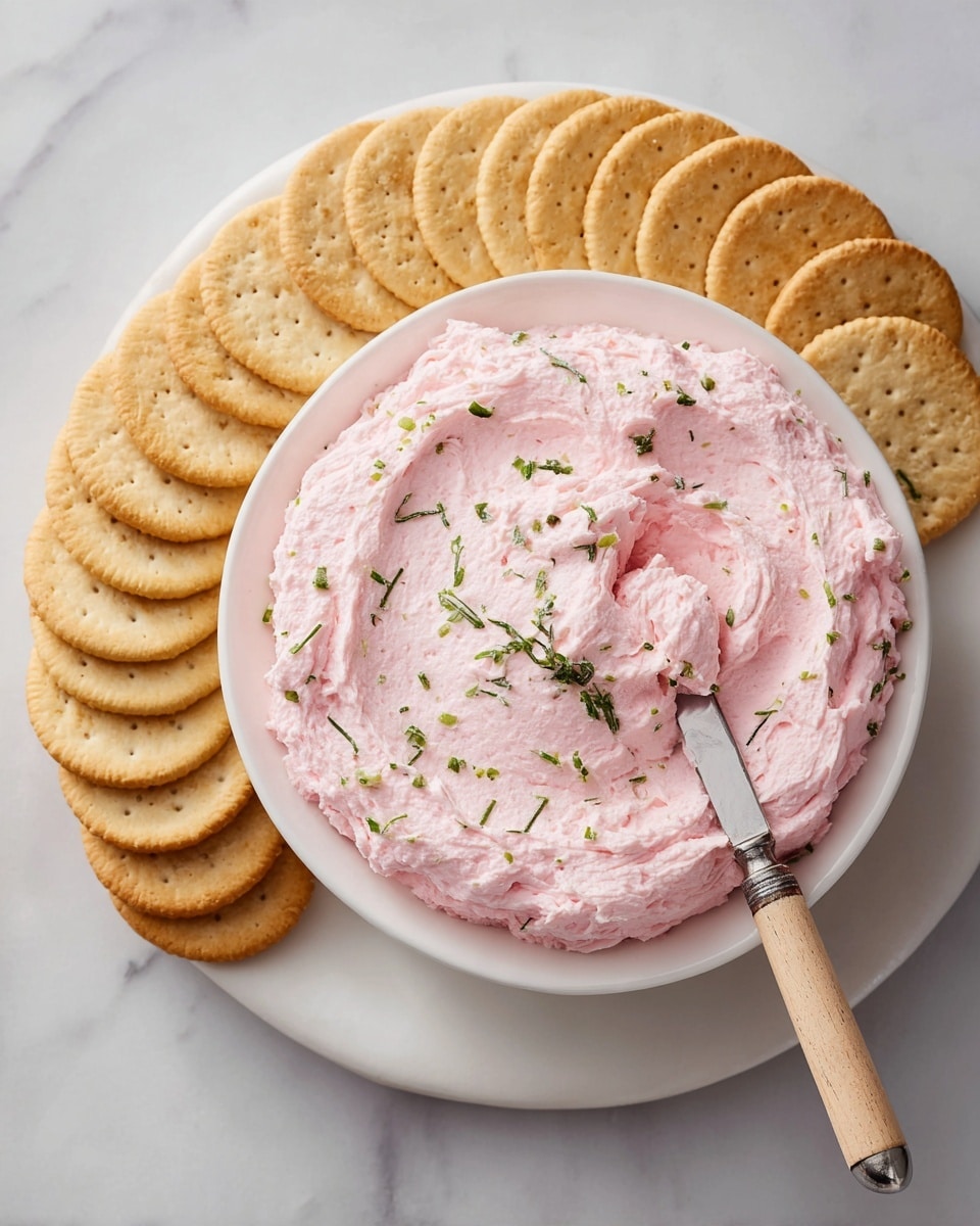 A white bowl filled with a smooth layer of light pink spread topped with small green herb pieces sits on a white marbled surface. A small knife with a wooden handle rests inside the bowl, partly covered with the spread. To the side of the bowl, there is a neat curved row of thin, round, crispy crackers that are golden and pale beige in color, showing a delicate and lacy texture. The whole scene has soft, natural lighting. photo taken with an iphone --ar 4:5 --v 7