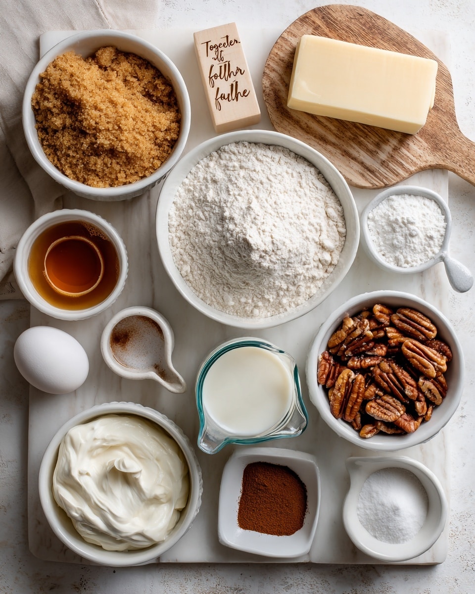 The image shows an overhead view of baking ingredients arranged neatly on a white marbled surface. There are nine white bowls or containers placed evenly with different ingredients: at the center, a large white bowl filled with white flour; above it, a bowl with light brown sugar; to the right of the flour, a glass jug with milk, and below that, a bowl with white powdered sugar. Directly below the powdered sugar is a bowl filled with whole pecans. At the bottom left, a small bowl holds cinnamon powder, and above that are two white eggs resting on a small plate. Above the eggs is a small container with vanilla extract, and next to the brown sugar, a white cup contains white sour cream. In the top left corner, a block of butter on a wooden board with engraved text is visible. All items are spread out evenly, showing different textures like powder, liquid, and solid items. The whole setting appears bright and clean, perfectly fitting for a baking scene. photo taken with an iphone --ar 4:5 --v 7