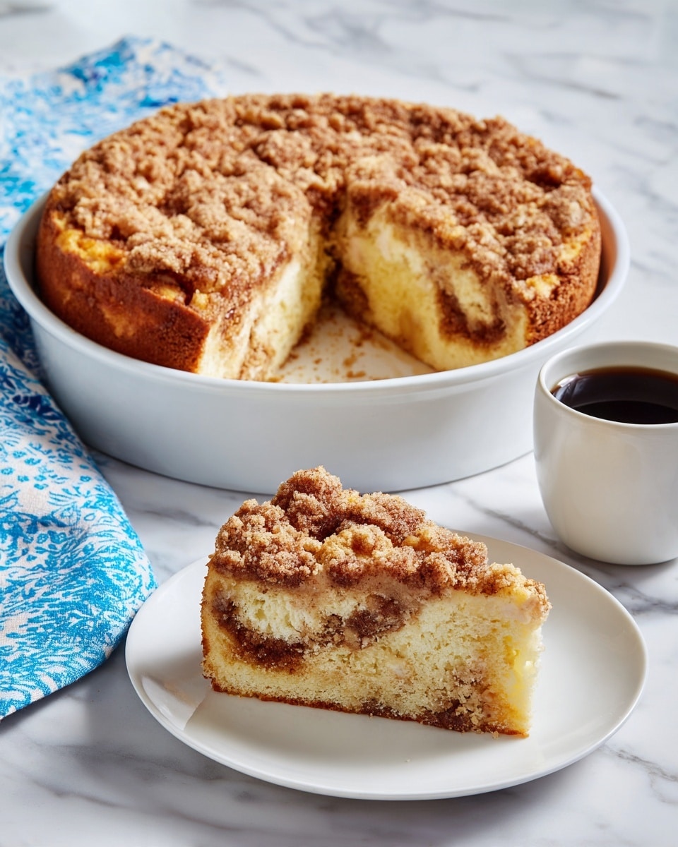 A slice of cinnamon coffee cake with a crumbly, golden brown top layer sits on a white plate, showing soft and light beige inner layers with visible swirls of cinnamon filling. Behind it, there is a round white baking dish with the remaining cake, showing the same crumbly, golden top and soft inside. To the right, there is a white cup filled with black coffee. All items are placed on a white marbled surface with a folded white and blue polka-dot cloth partially visible on the left side. Photo taken with an iphone --ar 4:5 --v 7