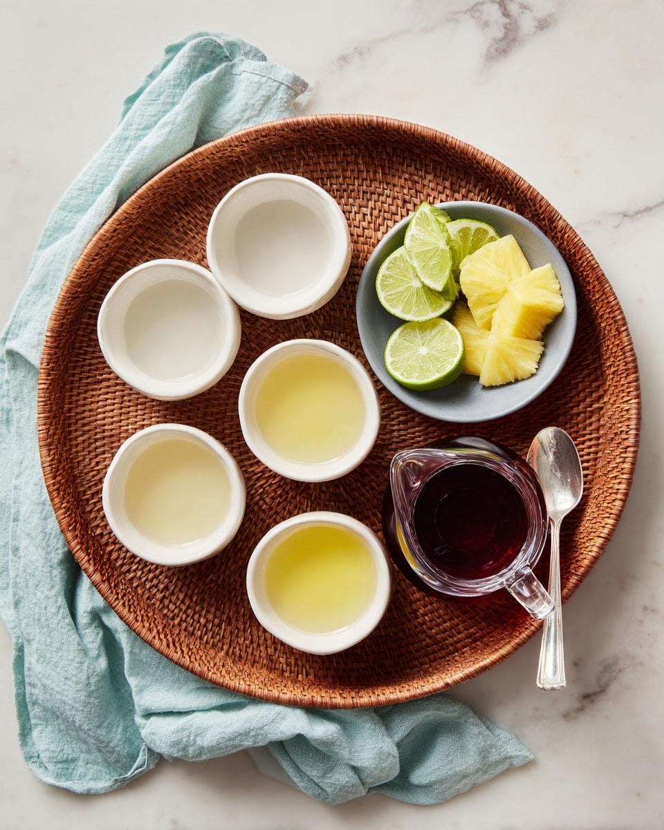 A rectangular brown woven tray sits on a white marbled surface. On the tray, there is a bowl filled with six slices of lime arranged neatly on top of five triangular pineapple pieces, both showing bright green and yellow colors. Around this bowl, six small white bowls are placed in a scattered arrangement; two of them contain a bright yellow liquid, three are empty, and one holds a clear deep red liquid in a small pitcher with a handle and spout. A long silver spoon lies along the right edge of the tray, and a soft light blue cloth is casually placed near the top left corner. photo taken with an iphone --ar 4:5 --v 7
