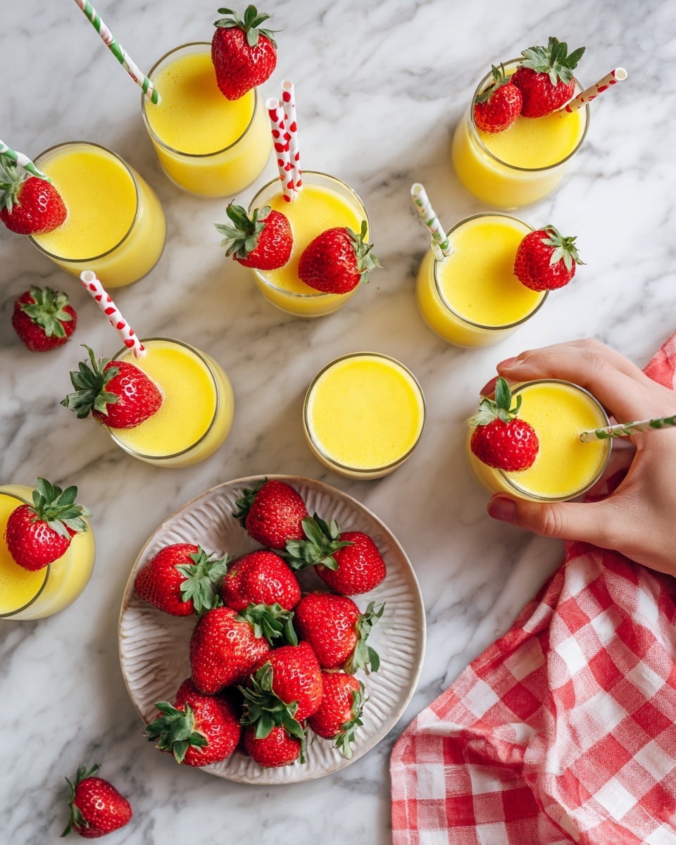 The image shows eight small clear glasses filled with bright orange juice, each glass topped with one or two fresh red strawberries. The glasses are placed on a white marbled surface. In the center, there is a small white plate filled with whole strawberries with green leaves. Some of the glasses have colorful striped paper straws in yellow, white, green, and purple patterns. A red and white cloth napkin is partly visible on the right side. The colors are bright and fresh, and the scene looks clean and inviting, photo taken with an iphone --ar 4:5 --v 7