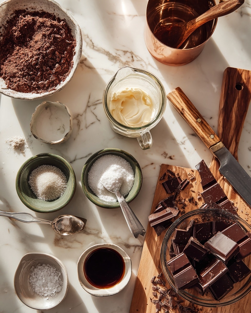 The image shows a wooden cutting board on a white marbled surface, with a large dark chocolate bar broken into chunks and pieces scattered around. A knife with a wooden handle rests on top of the chocolate, with small shavings on the blade. Above the board, there is a clear glass mixing bowl holding more dark chocolate bits and a wooden-handled tool for stirring. To the left, there are measuring cups filled with powdered cocoa and sugar, a small bowl of coarse salt, and a metal measuring spoon with a small amount of salt. Near the top, a glass measuring cup holds cream, and a jar with white cream is placed next to it. A copper pan with a wooden handle is visible in the upper right background. All items sit on a white marbled surface. photo taken with an iphone --ar 4:5 --v 7
