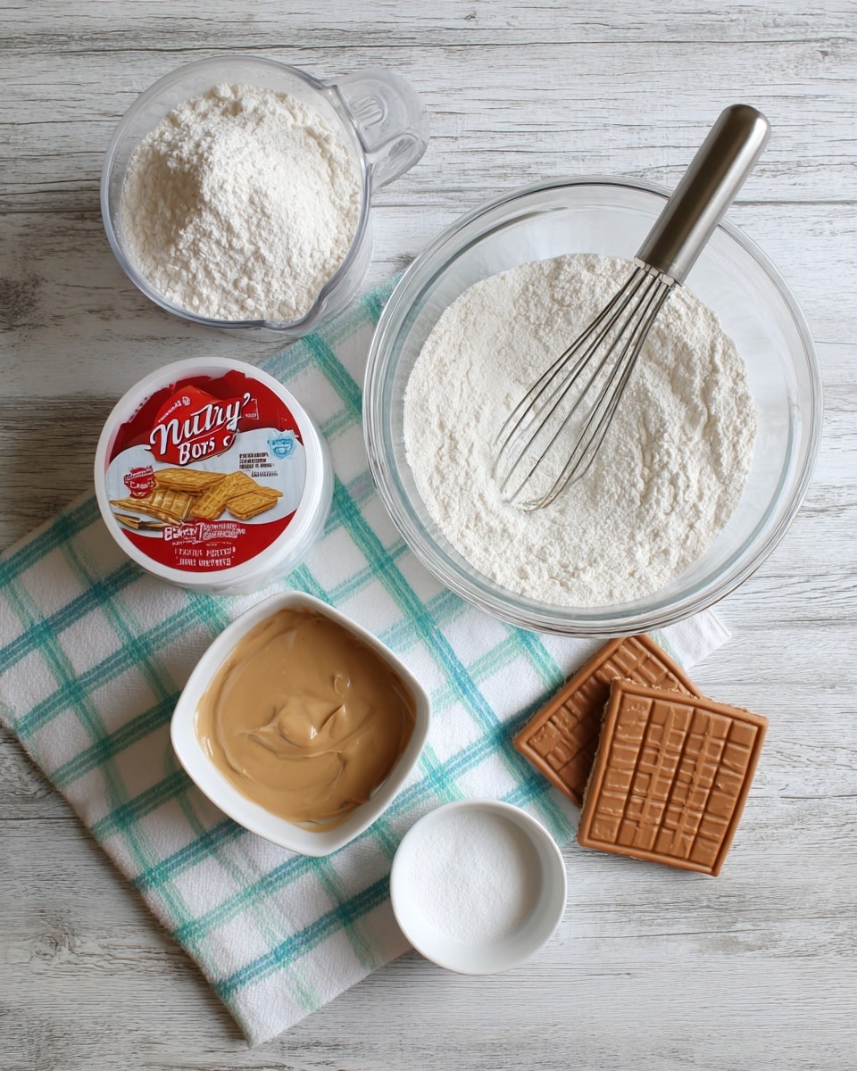 The image shows a top-down view of baking ingredients placed on a white marbled surface. On the left, there is a clear measuring cup filled with white flour. Below it, a small white square bowl holds a smooth caramel-colored sauce. To the right of the bowl, a red-lidded tub of Nutty Bars ice cream sits next to two chocolate wafer cookies arranged side by side. On the right side of the image, there is a large clear mixing bowl with a metal whisk inside, placed on a white cloth with a green and beige grid pattern. Next to it at the bottom right, a small white square bowl contains white powdered sugar. Photo taken with an iphone --ar 4:5 --v 7