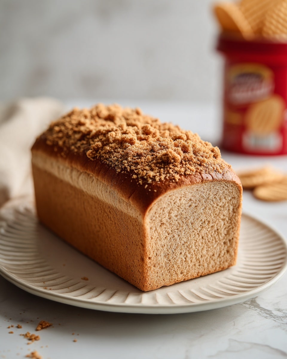 A close-up view of a loaf of nut-topped bread sits on a white plate, showing a rough, golden-brown crust with a bumpy texture and pieces of toasted nuts scattered unevenly on top. The bread's body is a darker brown with a soft, slightly dense texture, and the plate is placed on a white marbled surface. In the blurred background, there is a container with a red lid and some cookies. photo taken with an iphone --ar 4:5 --v 7