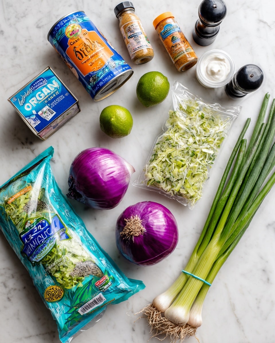 The image shows a clean white marbled surface with various cooking ingredients neatly arranged. In the top left corner is a tuna can, next to a round purple onion and a green lime. In the center top area, there are three small containers: a yellow spice jar, a black pepper grinder, and a clear bottle of mustard with an orange lid. Below them lies a container of Chobani Greek yogurt. On the right side are a bunch of spring onions with green tops and white bulbs, beside a plastic bag of mixed shredded vegetables in blue packaging. On the left bottom side is a sealed bag of organic celery sticks with a blue label. Photo taken with an iphone --ar 4:5 --v 7