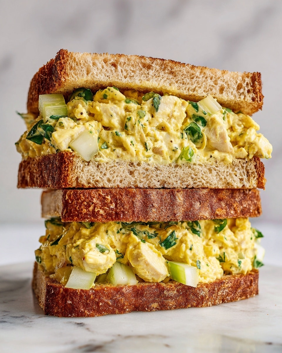 The image shows two thick sandwich halves stacked on top of each other on a white marbled surface. Each sandwich half has three clear layers: the top and bottom layers are toasted brown bread with a crisp texture, and the middle layer is a chunky, creamy mixture of light beige chicken salad with visible green herbs and small bits of vegetables. Some fresh green leafy lettuce peeks out from underneath the chicken salad, adding a bright contrast. The sandwich looks fresh and well-packed, with the filling slightly spilling out. Photo taken with an iphone --ar 4:5 --v 7