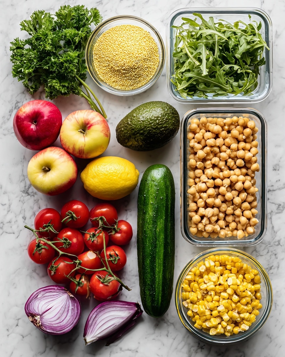The image shows various fresh ingredients arranged neatly on a white marbled surface. At the top left, there is a bunch of parsley with green leafy texture beside a glass bowl filled with small, pale yellow grains (couscous). To the right, a clear plastic container holds a pile of green arugula leaves with a slightly jagged appearance. Below the parsley are two red and pink apples with smooth skin, a dark green whole avocado, and two bright yellow lemon halves placed side by side showing their juicy interior. A long, dark green cucumber with smooth skin lies vertically in the center. To the right, there is a glass bowl filled with plump, light chickpeas, and below that another glass bowl of bright yellow corn kernels. A cluster of small, round red cherry tomatoes still on the vine is at the bottom center, with a small cut of red onion showing its purple layers placed to the left of the tomatoes. photo taken with an iphone --ar 4:5 --v 7