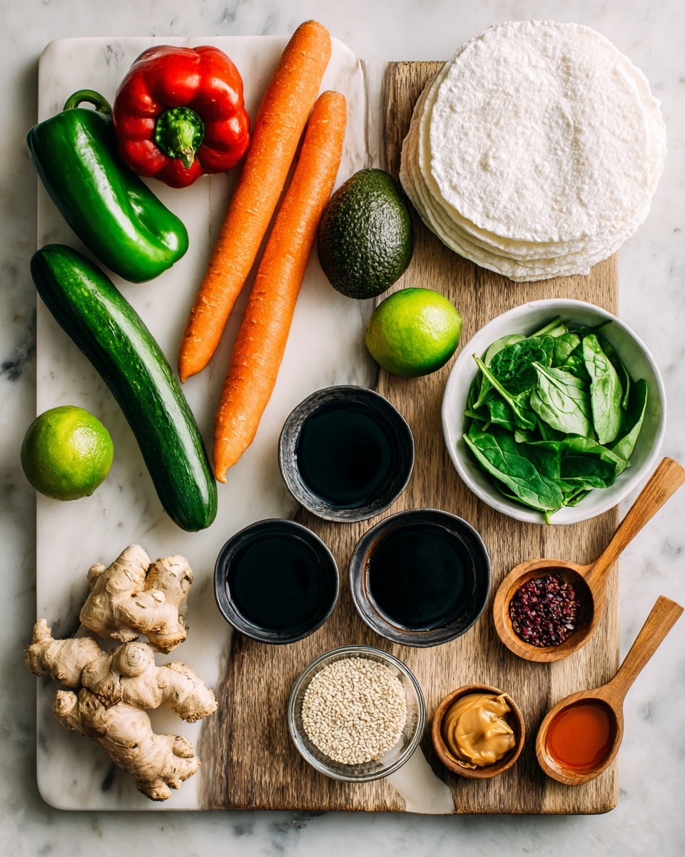 The image shows a clean white marbled surface with fresh vegetables and cooking ingredients neatly arranged. On the left, a white cutting board holds a green pepper, a red pepper, an avocado, a long green cucumber, and two orange carrots. To the right, there is a round stack of white rice paper wrappers. Below these, a small white bowl filled with bright green spinach leaves sits next to a bulb of garlic and a light green lime right in the center. There are two small black bowls with dark soy sauce, beside two tiny wooden spoons each holding a different reddish-brown sauce. A wooden spoon holds a mix of black and white sesame seeds. Fresh ginger root and three beets with green tops are placed on the lower part of the surface. A clear round bowl contains light brown peanut butter nearby. The setup is bright with soft natural light, photo taken with an iphone --ar 4:5 --v 7
