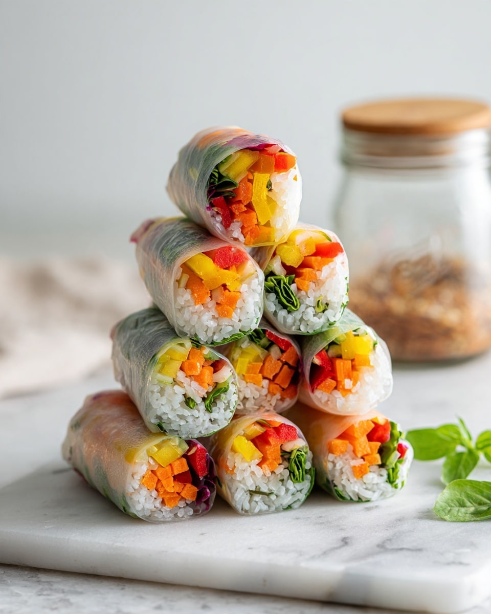 The image shows six fresh spring rolls stacked in a pyramid shape on a white marbled surface. Each roll is wrapped in a translucent rice paper, revealing vibrant layers inside. The outermost layer includes bright orange carrot sticks, yellow bell pepper, and red bell pepper pieces. Closer to the center, there's white rice and small tofu cubes, along with some green leafy herbs tucked inside. The rolls are tightly packed and evenly cut, with the colors of the vegetables shining through the thin wrappers. To the right, there is a jar with a wooden lid and a small green leaf placed nearby. The background is clean and white. Photo taken with an iphone --ar 4:5 --v 7