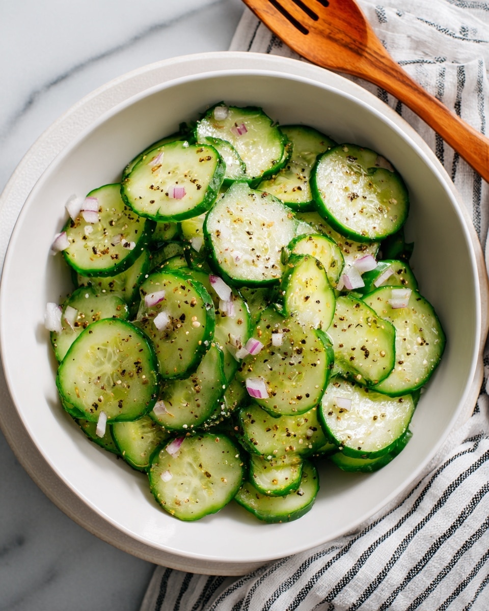 A white bowl filled with many slices of cucumber that have bright green skin and a lighter green inside, the cucumber pieces are mixed with small bits of light pink onion scattered evenly on top. The surface of the salad glistens slightly, with visible black pepper sprinkled all over. The bowl is placed on a white marbled surface, with part of a white plate visible on the side holding a wooden fork and a woman’s hand near it. A striped cloth napkin with black and white lines is also partially shown at the top right corner. photo taken with an iphone --ar 4:5 --v 7
