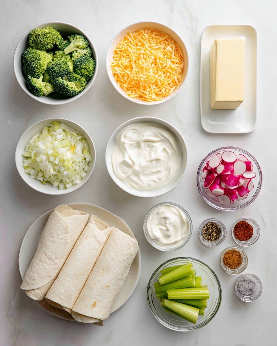 The image shows a white marbled surface with eleven small bowls and plates arranged in a neat layout, each containing different ingredients. Starting from the top left, there is a white bowl with green broccoli florets, next to it is another white bowl filled with shredded orange cheese. To the right, there is a white plate holding a rectangular block of butter. Below, a small white bowl contains finely chopped white onions, next to a clear bowl with diced red bell peppers. Toward the bottom center, a white bowl has thick white cream, and next to it are two rolled-up white flour tortillas. There is also a small bowl with thinly sliced pink radishes, a bowl with cut green celery pieces, and small containers filled with various spices and seasonings. The scene is bright and clean, showing fresh ingredients ready for cooking, photo taken with an iphone --ar 4:5 --v 7