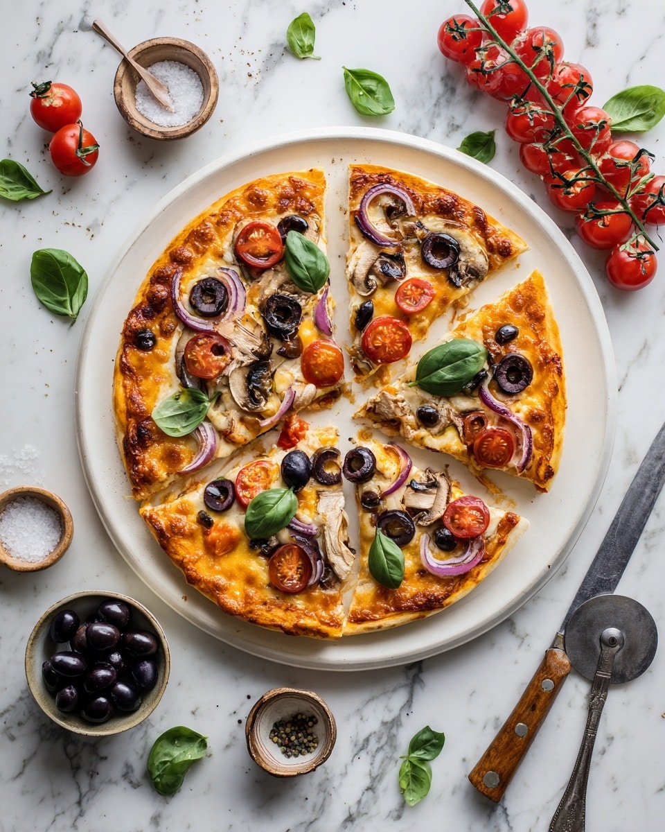 A round pizza on a white plate sits on a white marbled surface. The pizza has three main layers: a light brown crust, a thin layer of melted orange cheese beneath various toppings, and on top, sliced red cherry tomatoes, dark purple olives, white and purple onion rings, and brown mushroom slices. Bright green fresh basil leaves are scattered over the pizza. Two slices are pulled slightly away, showing the layers clearly. Around the plate, there are scattered green basil leaves, halved cherry tomatoes, a bunch of cherry tomatoes on the vine, a wooden-handled knife, and three small bowls containing black olives, salt, and a white powder, each with a small wooden spoon. photo taken with an iphone --ar 4:5 --v 7