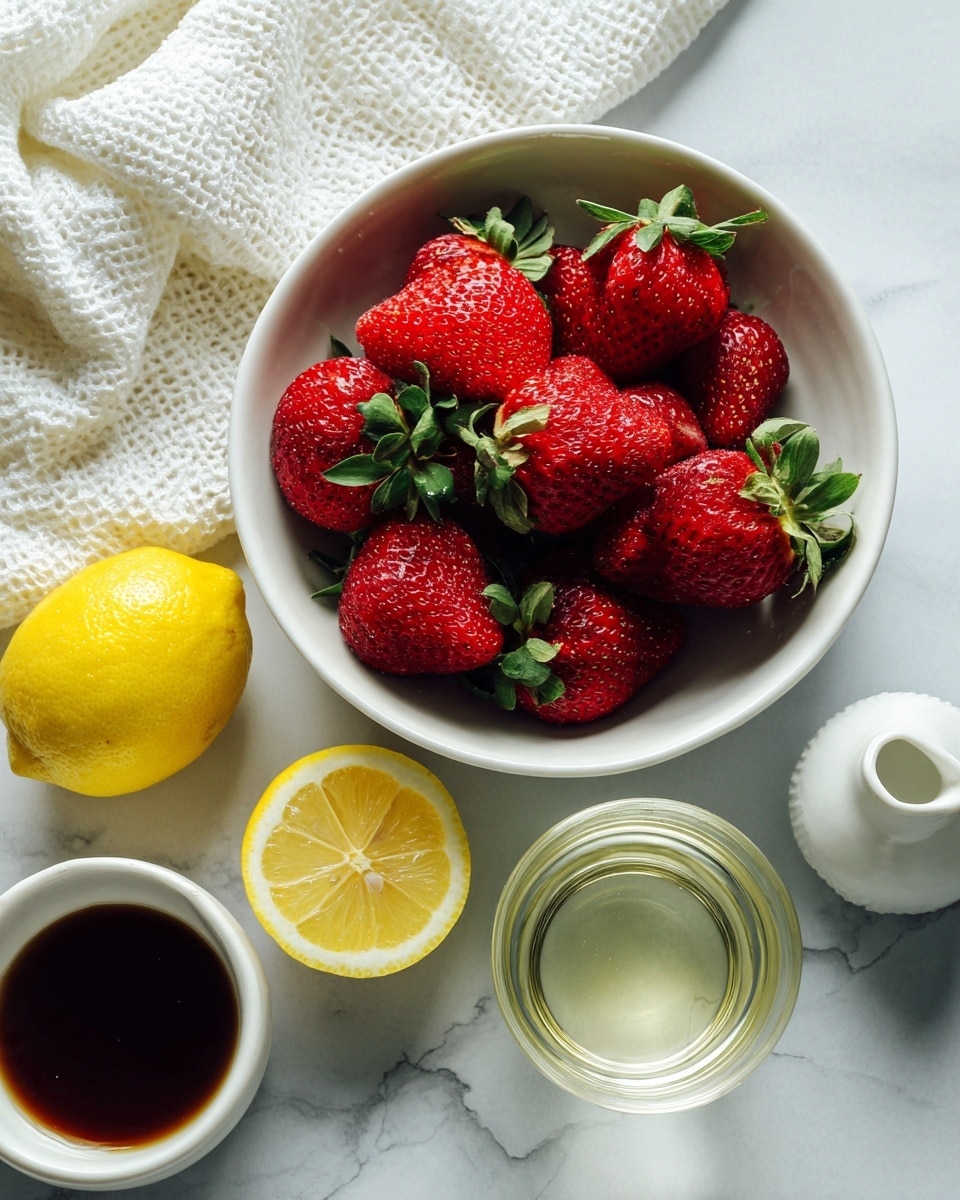A white bowl filled with bright red strawberries with green leaves sits on a white marbled surface. Next to the bowl are two lemon halves and one whole lemon, all showing a yellow color and smooth texture. A small white container holds a dark liquid near the lemons, and next to it is a clear glass cup filled with a transparent liquid. A white textured cloth is partially visible in the top left corner of the image. photo taken with an iphone --ar 4:5 --v 7
