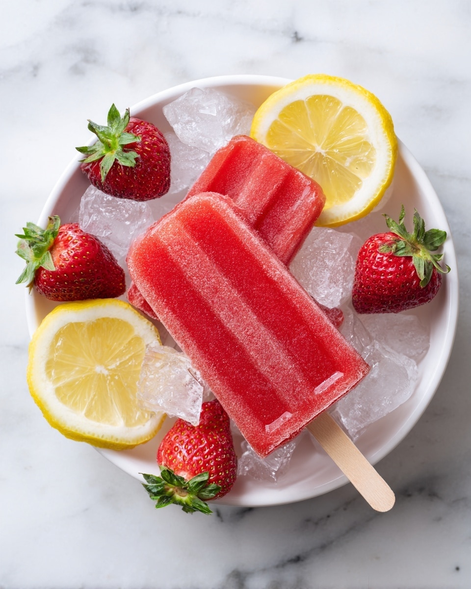 A bright red popsicle with a wooden stick is placed on ice cubes inside a white bowl, surrounded by whole strawberries and two yellow lemon slices. The popsicle has a slightly frosty texture with visible vertical ridges. The strawberries are fresh, with green leaves on top, and contrast with the smooth, juicy lemon slices showing their inner segments. The scene rests on a white marbled surface. photo taken with an iphone --ar 4:5 --v 7