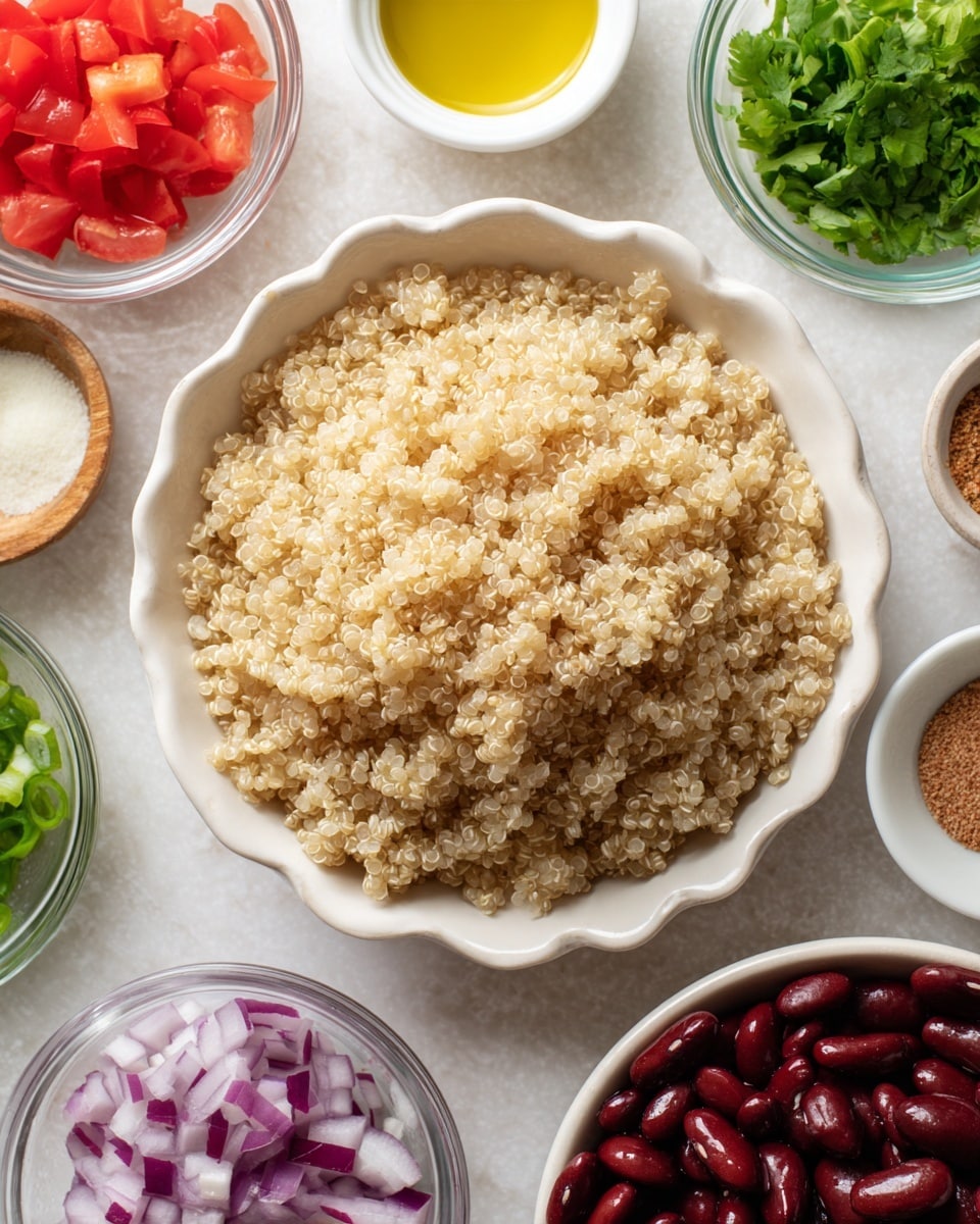 The image shows a white scalloped bowl filled with light beige cooked quinoa placed near the top center on a white marbled surface. Surrounding the bowl in a loose circular shape are small clear glass bowls containing finely chopped bright red tomatoes, finely chopped purple red onions, dark green sliced green onions, and fresh green cilantro leaves. There is a white small dish with minced garlic near the center. Additional small white round dishes hold honey-colored liquid, a yellowish oil, and a pinch of brown and white powdered spices. Near the bottom right, there is a white bowl filled with glossy dark red kidney beans. The overall color scheme is fresh and natural with a balance of reds, greens, beige, and white. The photo was taken with an iphone --ar 4:5 --v 7