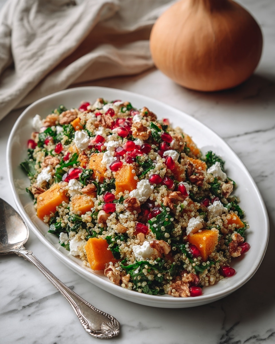 The dish is a colorful salad served on a white oval plate sitting on a white marbled surface. The salad has a base layer of light tan quinoa mixed with small green leaves, likely spinach or kale, speckled with dark brown walnut pieces. Scattered on top are bright orange chunks of roasted squash and bright red pomegranate seeds offering bursts of color. Crumbled white cheese is layered throughout, giving a creamy texture contrast. A beige cloth is softly draped in the upper left background, and a light brown squash is positioned toward the top right near the plate. A silver serving spoon lies in the bottom left corner. Photo taken with an iphone --ar 4:5 --v 7