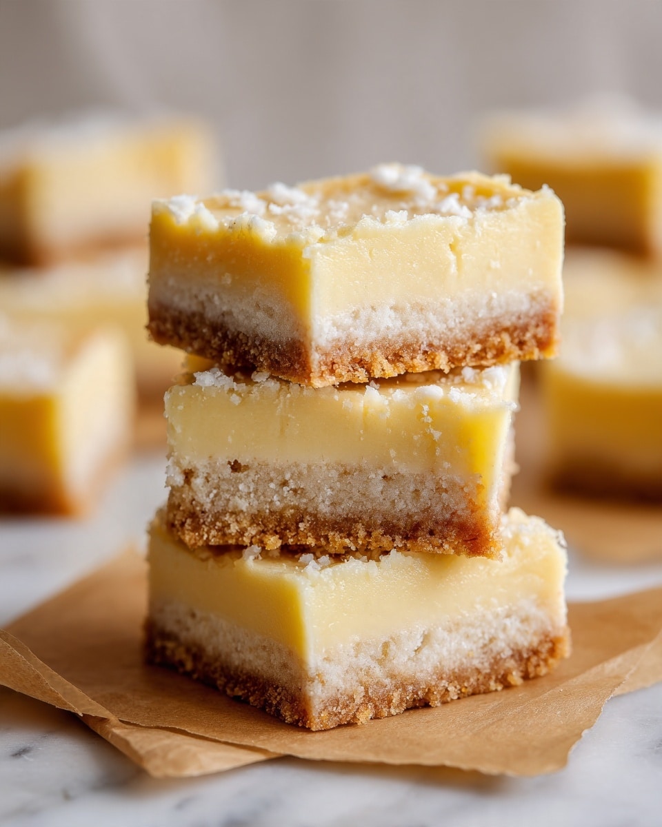 The image shows a stack of four square dessert bars on brown parchment paper, placed on a white marbled surface. Each bar has two layers: a thick, light beige bottom layer with a crumbly texture containing visible small white pieces, and a smooth, creamy pale yellow top layer that is slightly glossy. In the background, more bars are out of focus, emphasizing the stacked bars in front. photo taken with an iphone --ar 4:5 --v 7