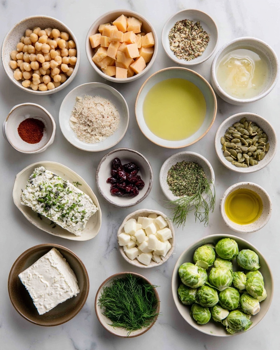The image shows 20 small white bowls and plates arranged neatly on a white marbled surface. Each bowl contains one ingredient: chickpeas (top left), diced sweet potatoes (top center), a pale yellow liquid like oil (top right), a light beige powder, bright red paprika, a greenish-brown spice, fresh green Brussels sprouts on a white plate lined with parchment, fresh kale on a white plate lined with parchment, green chives, dark dried cranberries, light sunflower seeds, a white cheese block with herbs in a brown bowl, chopped white garlic, a clear liquid like vinegar, a golden-yellow liquid like oil, creamy mustard, a pale yellow juice, white coarse salt, black pepper, and fresh green dill in a brown bowl. The scene is clean and bright, ingredients clearly separated and easy to see photo taken with an iphone --ar 4:5 --v 7