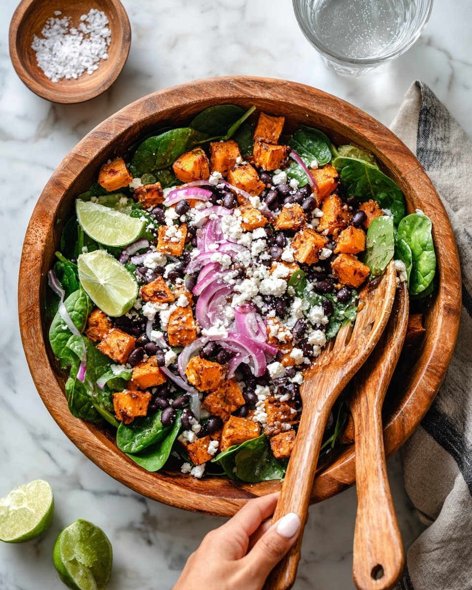 A wooden bowl filled with a colorful salad on a white marbled surface. The salad has several layers: a base of fresh green spinach leaves, topped with roasted orange sweet potato cubes that have a slightly browned texture, scattered black beans, and thin slices of purple-red onions. White crumbled cheese is sprinkled generously over the salad, adding small bright spots. Two lime wedges rest inside the bowl, lending a fresh contrast. A pair of wooden salad tongs rest inside the bowl, and a woman's hand is about to serve from the side. In the background, a small wooden bowl of coarse salt and a glass of water are visible. photo taken with an iphone --ar 4:5 --v 7