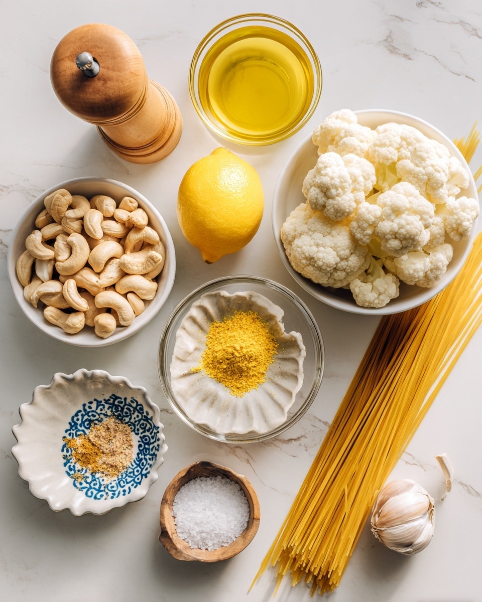 On a white marbled surface, there is a neat arrangement of cooking ingredients. On the top right, a white bowl holds many small white cauliflower florets with a soft texture. To the left, a clear glass bowl contains golden yellow olive oil with a smooth surface. Below it, another clear bowl is filled with curved, light beige cashew nuts. Next to the cashews on the left, a small white scalloped dish holds bright yellow nutritional yeast flakes. Below the yeast, a small white round dish with blue patterns has a dollop of light brown mustard. To the left of these, a whole bright yellow lemon sits on the surface. Below the lemon, a wooden bowl contains white salt with a ring of light brown spice. Near the center bottom, there are two peeled garlic cloves with a smooth white surface. To the right, a bundle of uncooked spaghetti with a bright golden yellow color lies flat. On the top left corner, a wooden pepper mill stands upright. The scene is bright and clean with natural light. photo taken with an iphone --ar 4:5 --v 7