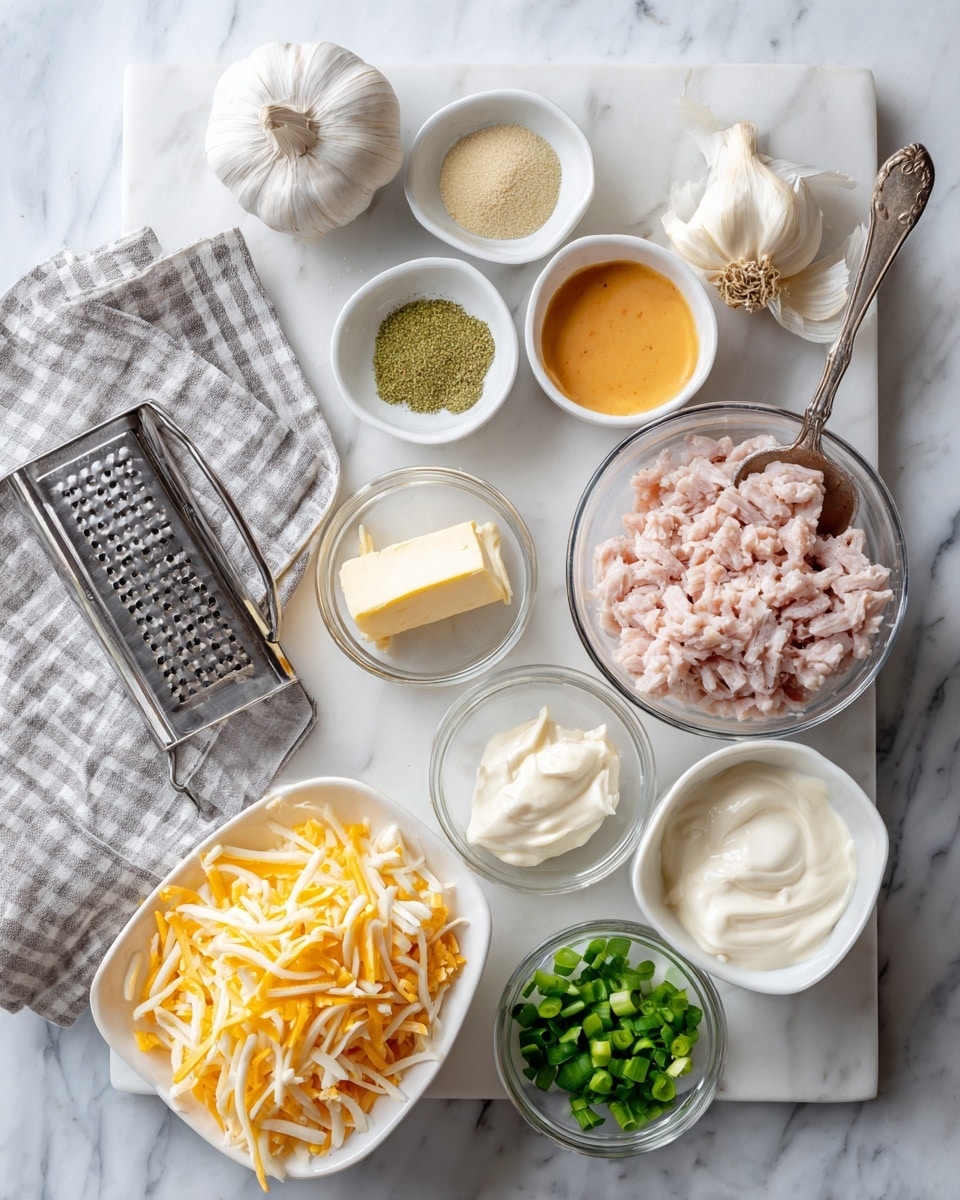 The image shows a white marbled background with several small glass bowls and a white bowl with mixed ingredients. From top to bottom, there is a garlic bulb, a small white bowl containing four piles of seasonings in green, yellow, beige, and white, a glass bowl with orange-colored sauce and a spoon inside, a glass bowl filled with chopped pinkish cooked meat, a glass bowl with white creamy sauce, and a small glass bowl with chopped green onions. At the bottom left, there is a white bowl with three types of shredded cheese: white, yellow, and a white block of cream cheese. A gray and white checkered cloth is placed to the left, and a metal grater rests near the bowl of cheese. Photo taken with an iphone --ar 4:5 --v 7