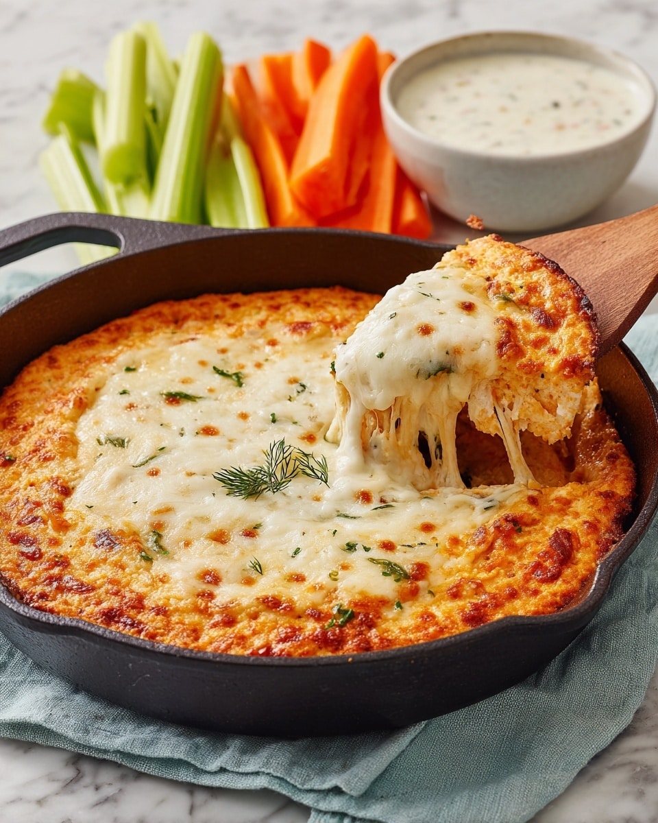 A round cast iron pan holds a cheesy dip with two clear layers: the base layer is a textured orange color with bits visible, while the top layer is melted white cheese slightly browned with golden spots, stretching as a wooden spatula lifts a scoop. A small green dill sprig rests near the top edge of the cheese. To the left of the pan, fresh celery and carrot sticks are arranged vertically over a light blue cloth on a white marbled surface, next to a small white bowl filled with creamy white dressing. Photo taken with an iphone --ar 4:5 --v 7