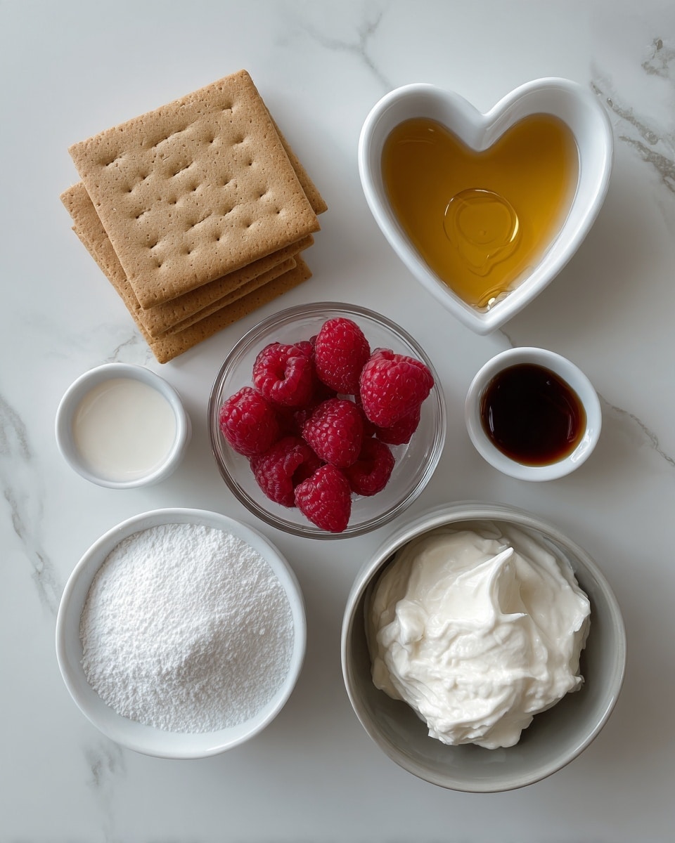 The image shows several ingredients arranged neatly on a white marbled surface. There are four square graham crackers stacked on the left side, with a small white heart-shaped bowl filled with golden liquid (probably honey or syrup) above them. Next to it, a clear glass bowl holds fresh red raspberries. A small white bowl contains a white creamy substance, likely cream cheese or whipped cream, while a larger gray bowl on the right is filled with another white fluffy cream. Below these, there is a white bowl piled with fine white powdered sugar, and a very small white container with a dark brown liquid, likely vanilla extract. The setup is clean and bright, showing each ingredient clearly, photo taken with an iphone --ar 4:5 --v 7