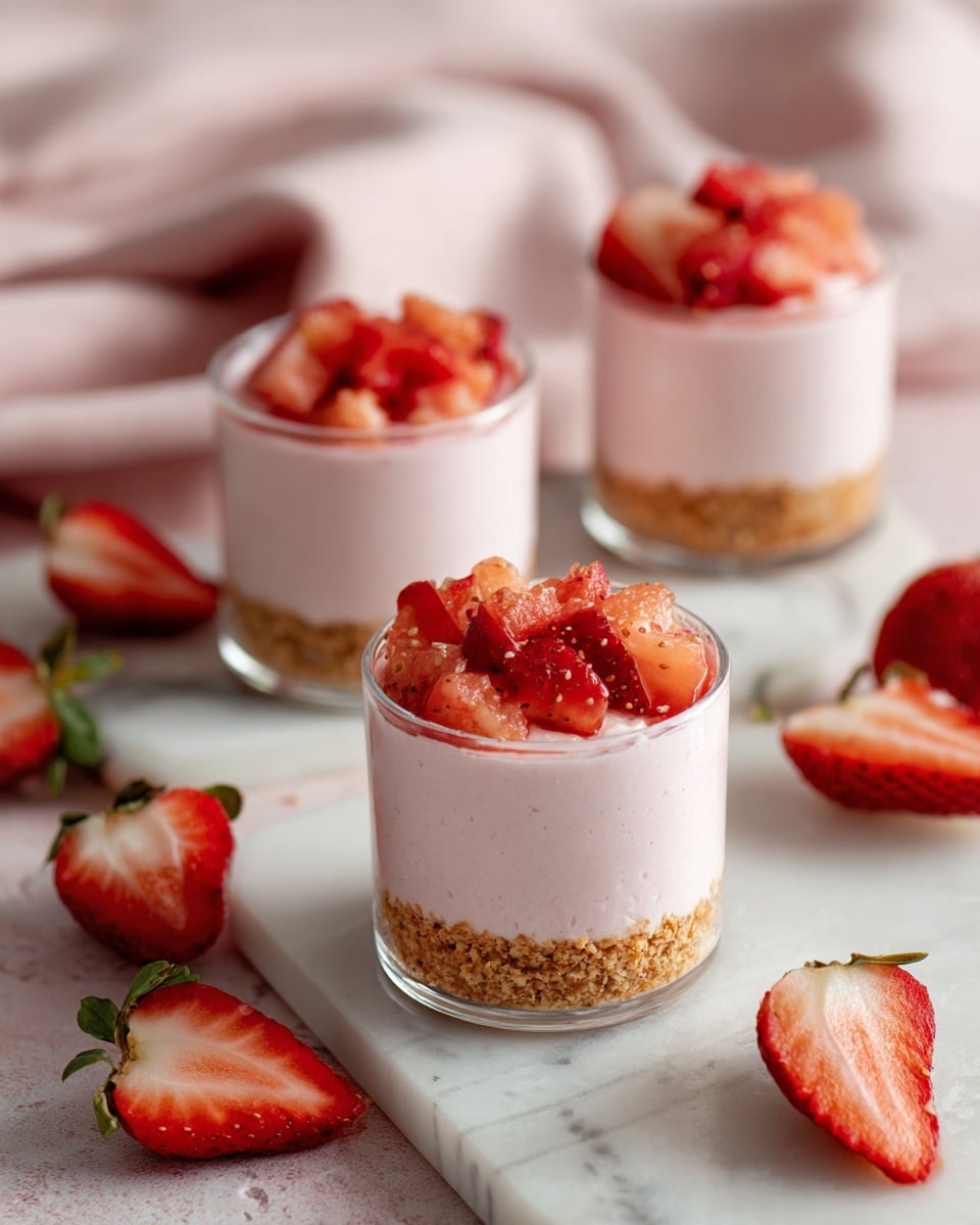 The image shows small dessert cups with three clear layers. The bottom layer is a light brown, crunchy-looking base made from nuts or oats. The middle layer is a thick, smooth, pale pink cream sitting just above the base. On the top layer, there are bright red, fresh strawberry pieces, cut into small chunks and scattered neatly. The desserts are placed on a white marbled surface, with some whole and sliced strawberries laid around them for decoration. In the background, a soft pink cloth adds a gentle touch of color. photo taken with an iphone --ar 4:5 --v 7