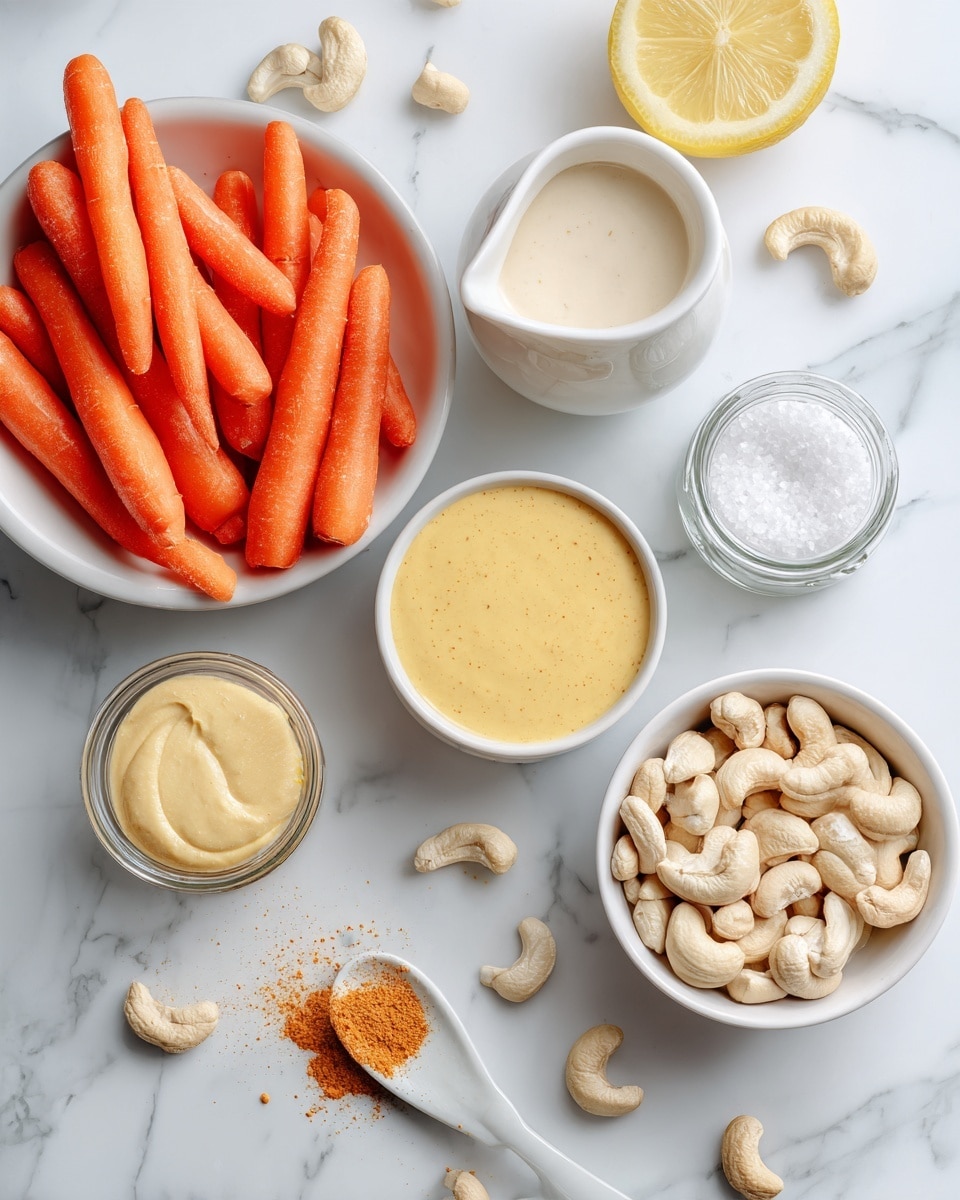 The image shows several white bowls and containers placed on a white marbled surface. One large white bowl is filled with bright orange baby carrots, another large bowl holds light beige cashew nuts, a small bowl contains a thick pale cream-colored sauce, and another small bowl has a smooth yellow mustard sauce. There is a white bowl with a yellow powder, a white creamer-style container with liquid inside, and a clear glass salt shaker filled with salt. Scattered around are a few cashews, a halved lemon with a bright yellow color, a white spoon with a small amount of orange-brown spice resting on the surface, and a ginger-colored bottle partially visible at the bottom left. The overall look is clean, fresh, and colorful. photo taken with an iphone --ar 4:5 --v 7