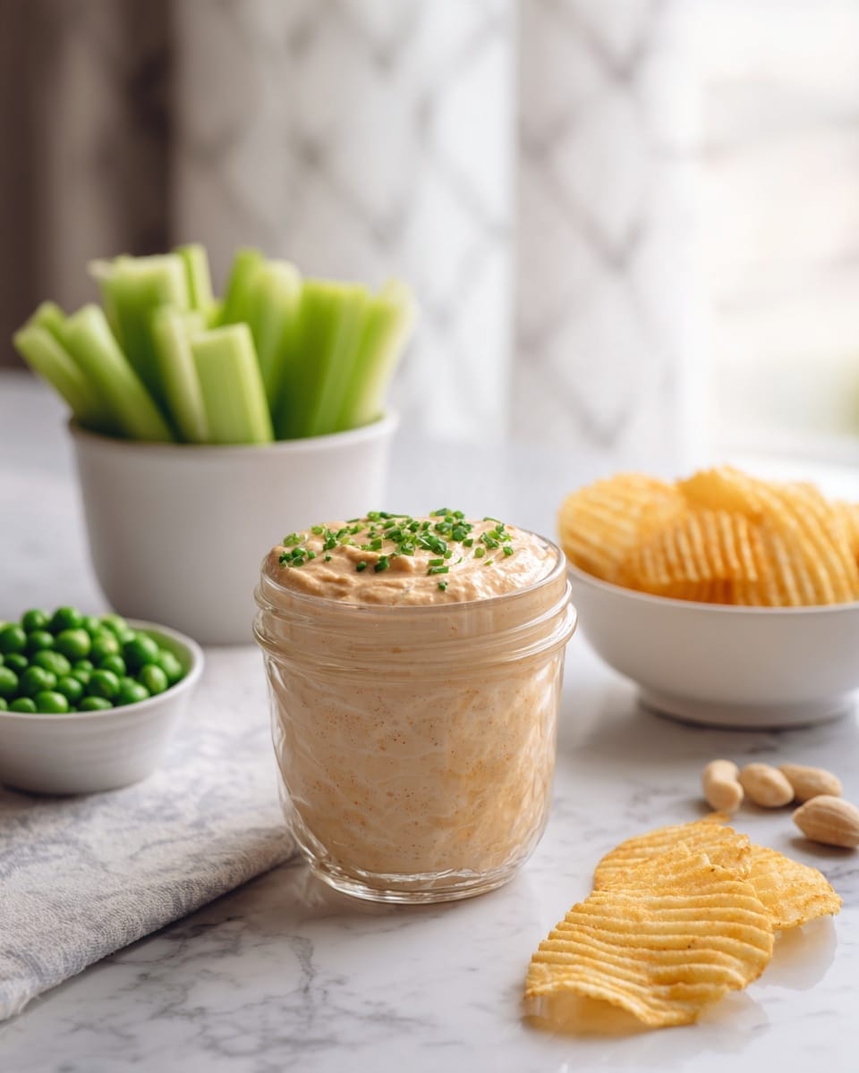 A clear glass jar filled with a thick beige dip topped with small green herbs sits centered on a white marbled surface. Behind the jar, on the left, is a white bowl holding fresh green celery sticks, and on the right, another white bowl contains ridged potato chips with a golden yellow color. In front of the jar, on the right side, are a few whole pale nuts, and on the left, a small white dish holds some green peas. The whole scene is softly lit with light coming from a window draped with sheer white curtains in the background. Photo taken with an iphone --ar 4:5 --v 7