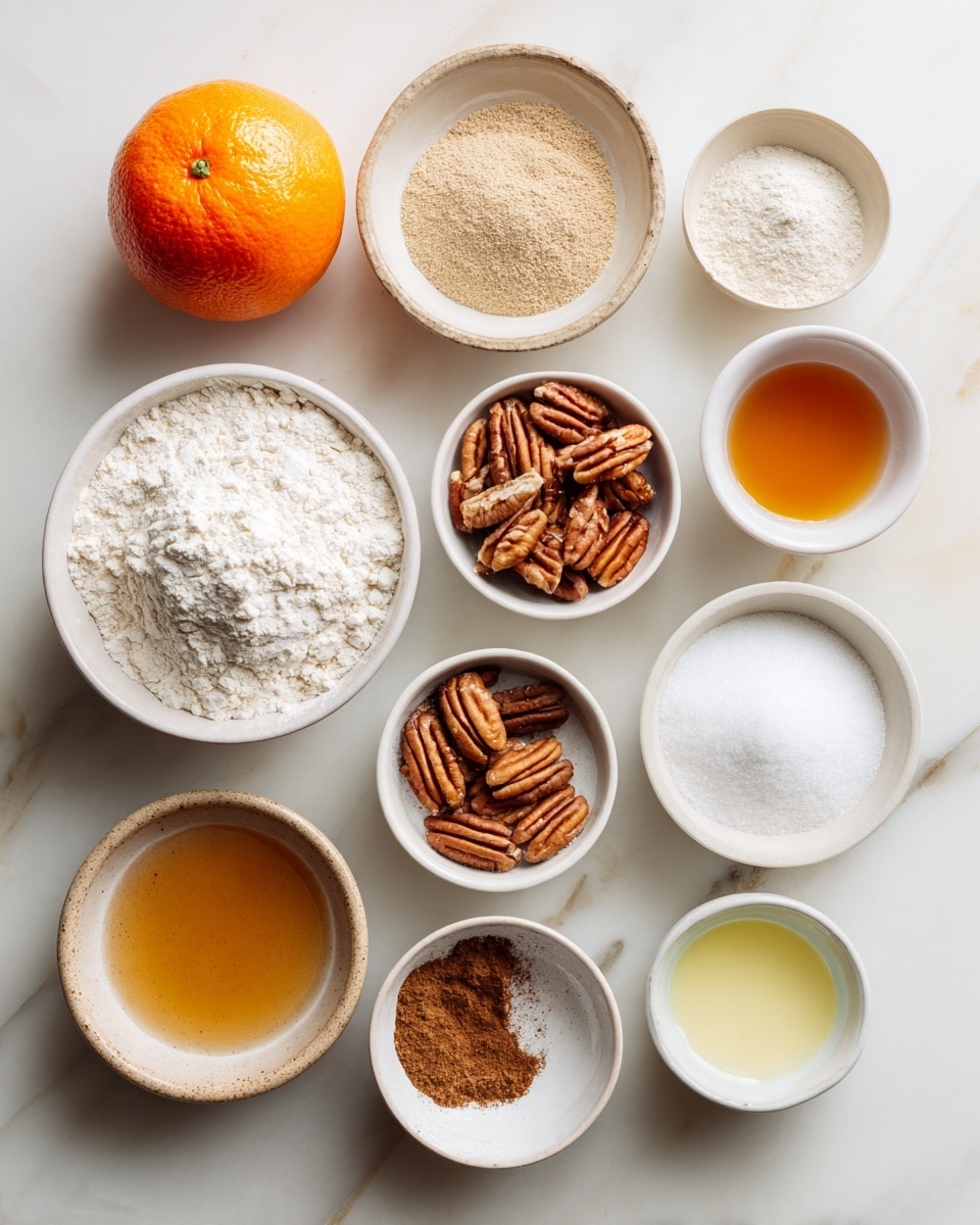 The image shows eleven small white bowls and one whole orange arranged neatly on a white marbled surface. The largest bowl near the center holds a mound of white flour, while a bowl with light brown sugar sits close. Raw pecan halves fill a small bowl, and a tiny bowl contains a light powder, possibly baking soda or salt. Another bowl features a small amount of brown cinnamon-like powder. White granulated sugar fills a medium bowl at the bottom right, and a small bowl nearby holds a yellow liquid. There is a white bowl with a small amount of cream or milk, and a bowl with a golden amber liquid, probably vanilla or syrup. The round, bright orange fruit adds a pop of color to the layout. photo taken with an iphone --ar 4:5 --v 7