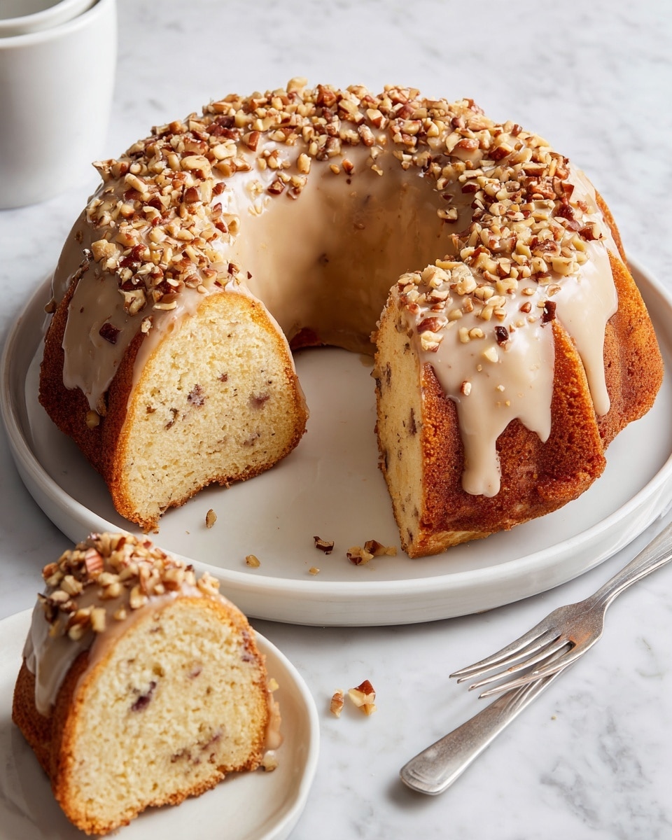A round bundt cake with a smooth light brown glaze covers the top, sprinkled thickly with small chopped nuts in uneven clusters. One large slice is removed, showing the inside of the cake is pale yellow with small brown spots throughout. The cake sits on a plain white plate, placed on a white marbled surface. Nearby is a matching white plate holding the removed slice, with a silver fork resting beside it. Photo taken with an iphone --ar 4:5 --v 7