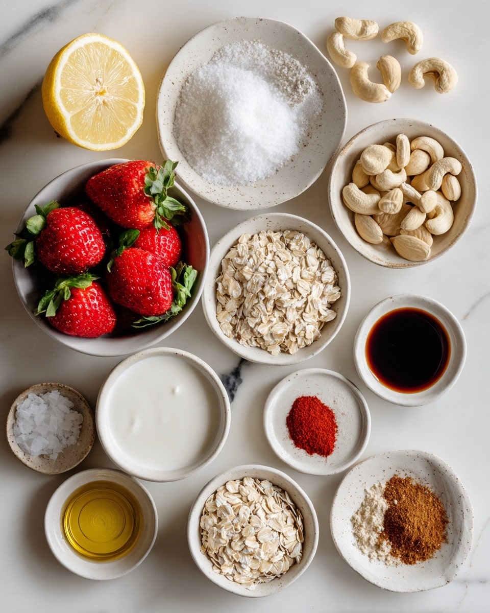 The image shows a white marbled surface with several small white bowls and a white plate arranged loosely in a flat lay. In the center, a white bowl holds fresh, red strawberries with green leaves. Surrounding it are bowls filled with light brown cashew nuts, brown almonds, and pale beige oats, each with a rough texture. A white plate contains a bright yellow lemon half, and nearby are small bowls holding thick white yogurt, white coconut oil, coarse white salt, a dark liquid soy sauce, and a reddish-brown powdery spice blend. Photo taken with an iphone --ar 4:5 --v 7
