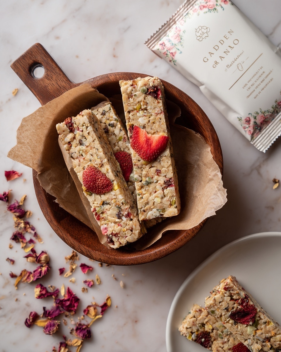 The image shows four rectangular granola bars with visible pieces of seeds and dried fruit, stacked on crumpled brown parchment paper inside a small, round wooden bowl with a handle. One granola bar on top has a single dried strawberry slice. Around the bowl, scattered dried red and pink flower petals, seeds, and pieces of dried strawberries cover a white marbled surface. In the top right corner, there is a white packet labeled