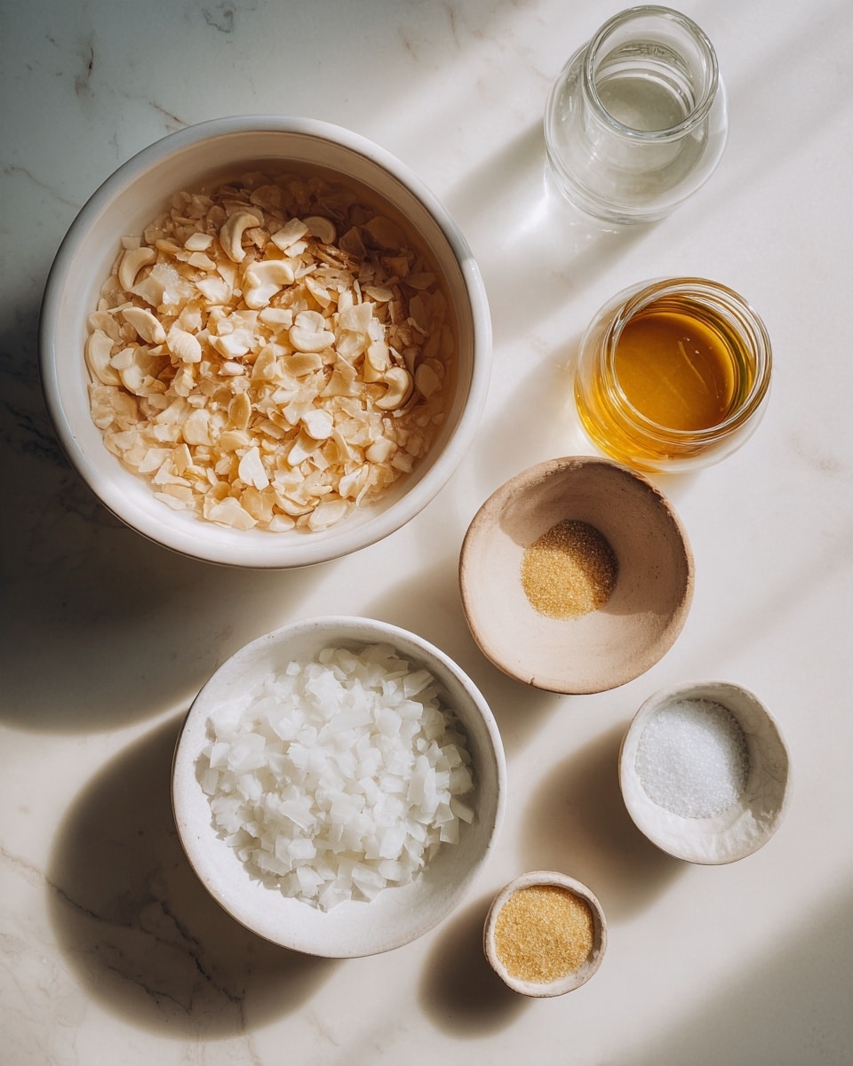 The image shows a top-down view of ingredients on a white marbled surface. There are two white bowls: one larger bowl filled with soaked cashews in clear water, and a smaller bowl containing finely chopped white onions. To the right, there are small containers: a small tan bowl with coarse salt, a white dish with light yellow powder, a small glass jar with a golden liquid, and a glass bottle with clear water. The lighting is soft and natural, highlighting the textures clearly. photo taken with an iphone --ar 4:5 --v 7
