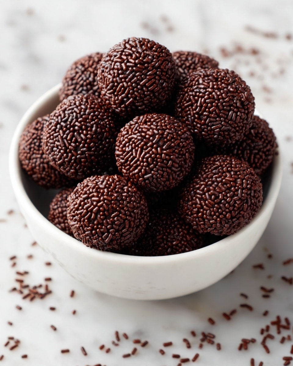 This image shows a white bowl filled with round chocolate treats covered completely with small chocolate sprinkles. Each treat is smooth and dark brown under a thick layer of the uniformly spread sprinkles, which have a slightly glossy texture. The bowl is placed on a white marbled surface with a few loose sprinkles scattered casually around. The treats are closely packed inside the bowl, showing a rich and dense chocolatey look. Photo taken with an iphone --ar 4:5 --v 7