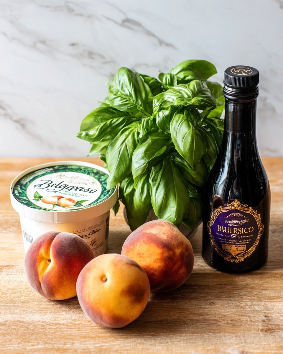 The image shows a close-up of four main items placed together on a light wooden surface with a white marbled background. On the left, there are three ripe peaches with smooth, warm orange and red skins. In the middle, a large bunch of bright green basil leaves sits with a glossy, fresh texture. To the upper left, there is a round, white container of BelGioioso Burrata cheese, with its label clearly visible. On the right side, a black bottle with a purple and gold label, containing balsamic glaze, stands upright. Photo taken with an iphone --ar 4:5 --v 7