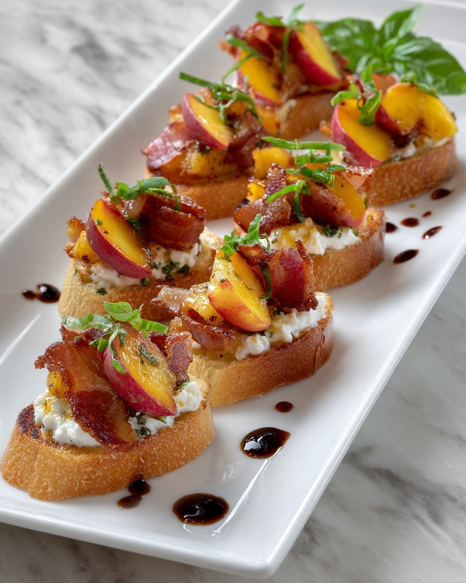 The image shows a white rectangular plate with about ten small round crostini arranged in a loose line. Each crostini has three main layers: the bottom layer is a toasted light golden bread slice, the middle layer is a creamy white spread, and the top layer includes slices of fresh peach with reddish skin and yellow flesh, small pieces of crispy bacon in reddish-brown color, and thin strips of green herbs sprinkled on top. There are small drops of dark sauce artistically placed around the crostini, and a small fresh green basil leaf cluster is placed at one corner of the plate. The plate sits on a white marbled surface. Photo taken with an iphone --ar 4:5 --v 7