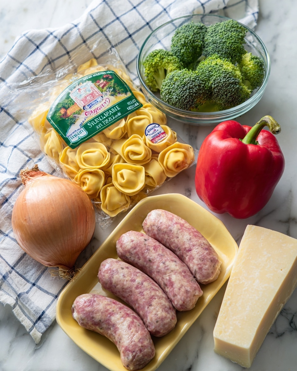 On a white marbled surface, there is a package of cheese tortellini standing at the back center, showing yellow pasta with cheese filling on the front. To the left, a whole red onion rests with visible roots at the bottom. In front of the onion, a yellow tray holds five raw sausages with a pinkish-brown color and speckled texture. To the right of the sausages, a whole red bell pepper with a green stem is placed. Further right, a clear glass bowl contains bright green broccoli florets. Behind the bowl is a bottle of Olive Garden Signature Italian dressing with a green patterned cap. At the front right corner of the scene, a wedge of Parmesan cheese in clear plastic wrap lies flat. A white cloth with a blue grid pattern is draped casually on the back left side of the surface. photo taken with an iphone --ar 4:5 --v 7