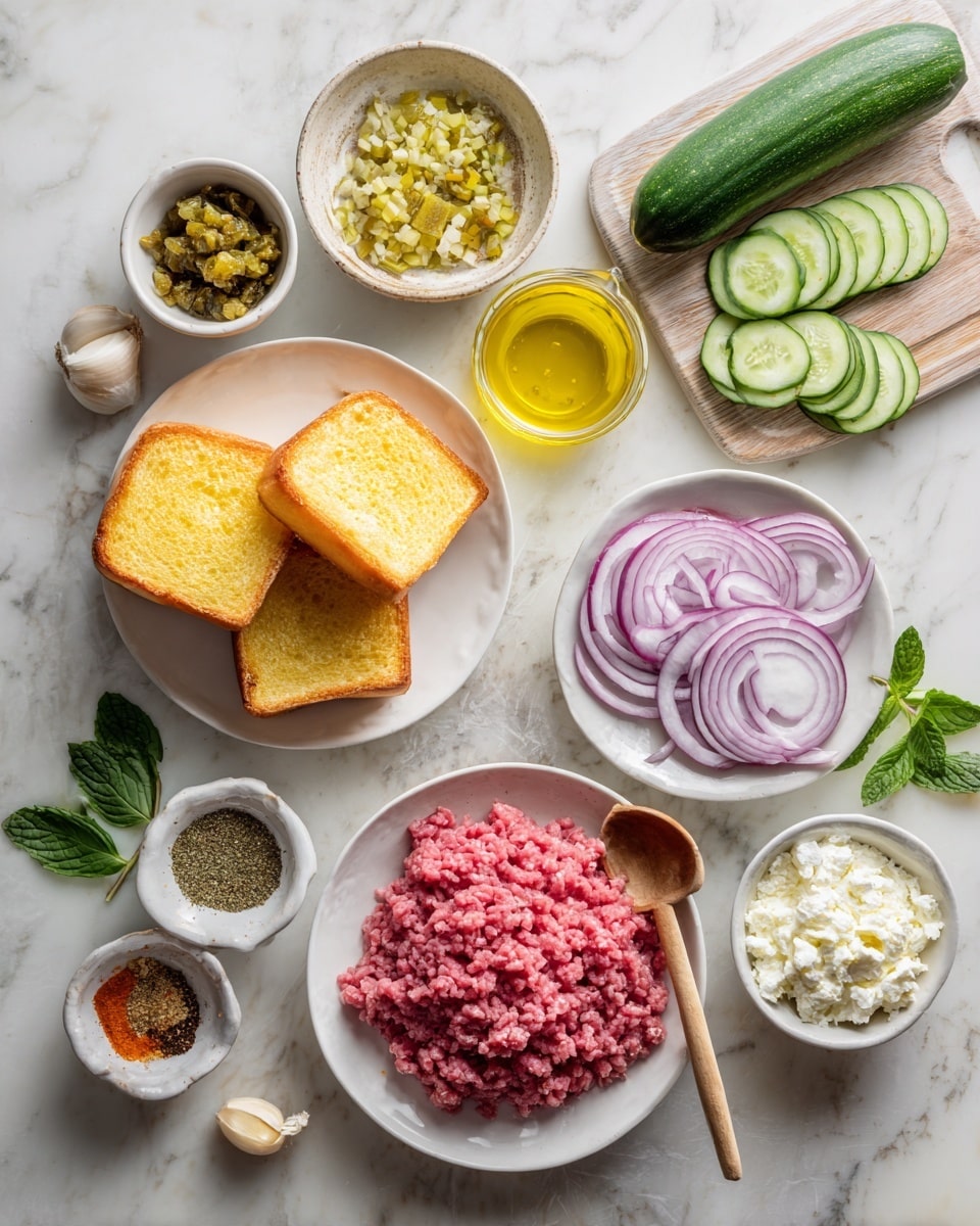 The image shows a white marbled surface with various ingredients arranged neatly for a meal. In the center, there is a white plate with three pieces of golden brown bread. Above that, a white bowl holds bright pink ground meat. To the right, a white plate contains sliced red tomatoes and rings of purple onion. To the left of the meat, a small white bowl filled with white sauce has a wooden spoon inside. Fresh green mint leaves lie scattered around the sauce bowl. At the center top, a green cutting board carries a whole cucumber and many thin cucumber slices. To the right of the cucumber, a glass jug holds yellow olive oil. Near it are two small white dishes containing spices: one with brown powder, the other with green seeds. At the top left, a small white bowl is filled with a chunky yellow-green mixture, next to another small bowl with chopped pink onions. A few cloves of garlic rest near the cucumber slices. Finally, a small white bowl on the bottom right carries white crumbled cheese. Photo taken with an iphone --ar 4:5 --v 7