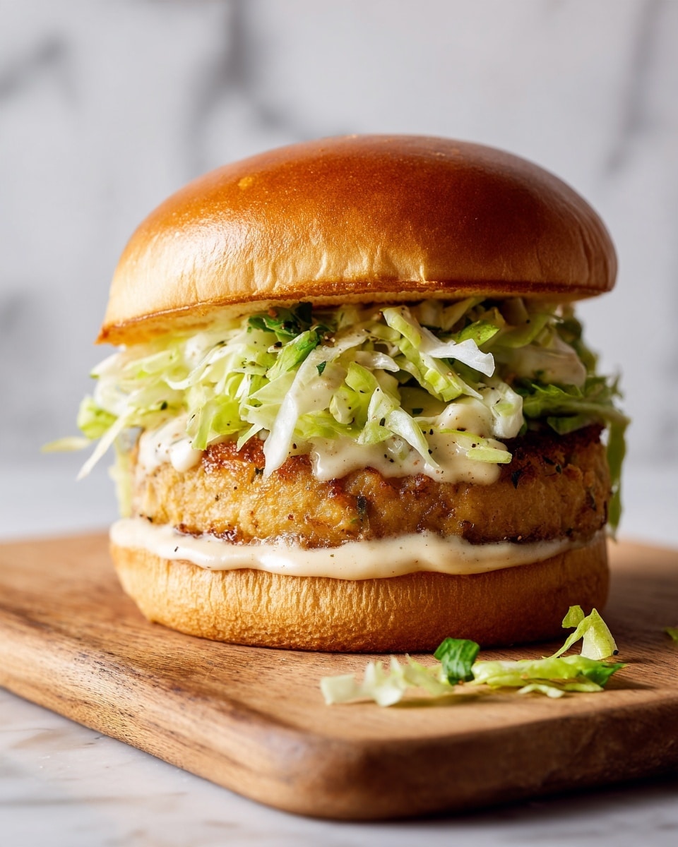 A sandwich with three main layers is shown on a wooden board against a white marbled background. The bottom layer is a soft, light brown bun. On top of this is a golden-brown patty with a slightly crispy texture. Above the patty is a layer of light-colored creamy sauce that slightly drips over the edges. The top layer has finely shredded pale green lettuce with some darker green pieces mixed in. The sandwich is covered by a soft, shiny golden-brown top bun with some creases. A few pieces of shredded lettuce lie on the wooden board near the sandwich. photo taken with an iphone --ar 4:5 --v 7