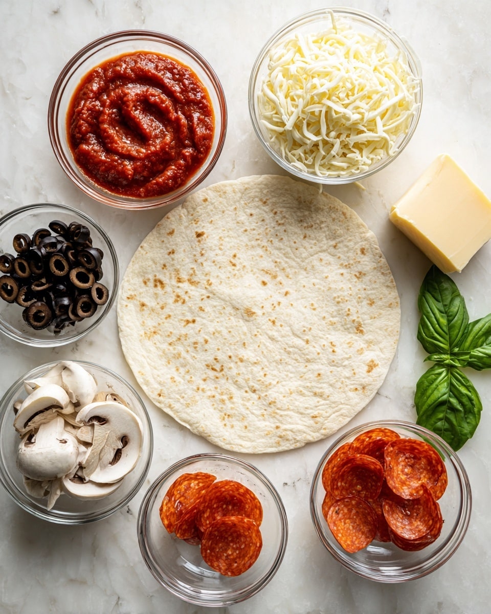 A large round tortilla is placed flat in the center on a white marbled texture. Around the tortilla are six small clear glass bowls, each containing a different pizza topping: one has shredded white cheese with fine strands and a soft texture, another holds a rich red tomato sauce with a slightly thick and smooth surface, the third bowl is filled with black olive slices that are shiny and glossy, the fourth bowl contains fresh white mushroom slices with a smooth, slightly curved shape, the fifth bowl has round orange-red slices of pepperoni with small fat dots, and lastly, a fresh green basil leaf and a small block of light yellow cheese sit next to the bowls. The whole setup is neatly arranged and ready for making a pizza. Photo taken with an iphone --ar 4:5 --v 7