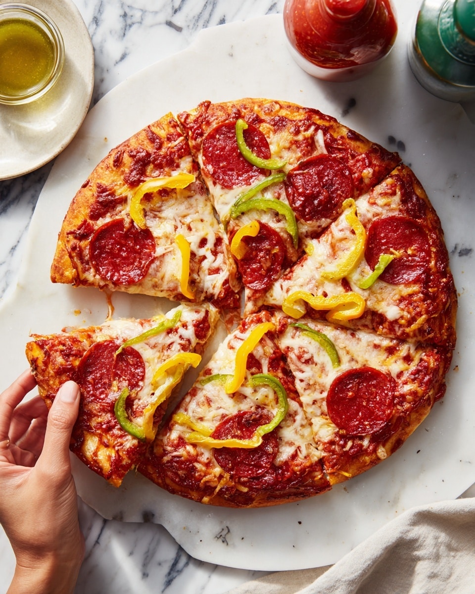 A round pizza is placed on a white marbled surface. The pizza has a golden-brown crust with melted, bubbly cheese on top. It is cut into four triangles, each slice topped with round pepperoni slices, green and yellow bell pepper strips that add bright color, and tomato sauce visible under the cheese. A woman's hand is holding one slice, lifting it slightly away from the rest. In the background, there are two sauce bottles, one with red sauce and one with green sauce. The overall look is warm and inviting. photo taken with an iphone --ar 4:5 --v 7