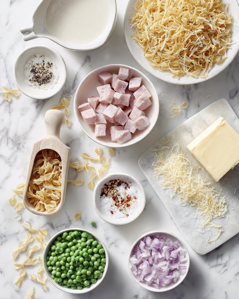 Several small white bowls and one white cup are arranged on a white marbled surface. One wooden scoop holds small dry pasta pieces in a light golden yellow color, some scattered outside the scoop. There is a small white bowl with diced pink and white meat cubes, next to bright green frozen peas in another white bowl. A white cup is filled with cream-colored liquid, and another white bowl contains finely chopped light purple shallots. Two more small white bowls hold grated pale yellow cheese, and a rectangular white dish has a light yellow block of butter sprinkled with red spices. A white bowl with a mix of white salt and black pepper is also present. The overall image is neat and well-lit with a soft, natural look, photo taken with an iphone --ar 4:5 --v 7