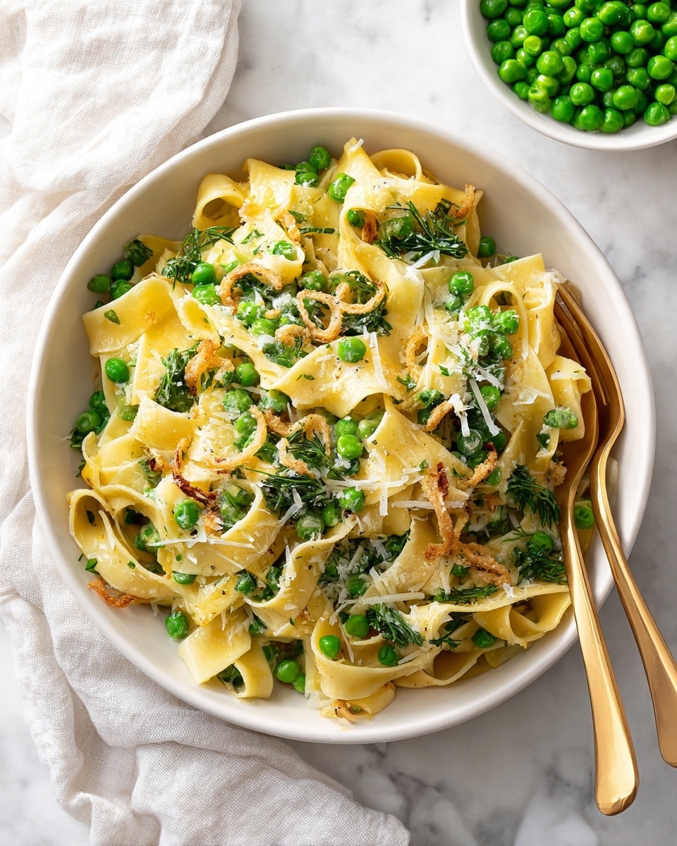 A white bowl filled with wide, flat pasta noodles layered with bright green peas and leafy green herbs mixed throughout. Over the pasta, there are many thin, golden brown, slightly curled fried onion rings scattered all over. Lightly grated pale yellow cheese is sprinkled on top, adding a fine textured layer. The bowl sits on a white marbled surface with a white cloth draped beside it, while a white bowl of green peas sits partially visible in the upper right corner. A gold fork lies near the bowl. photo taken with an iphone --ar 4:5 --v 7