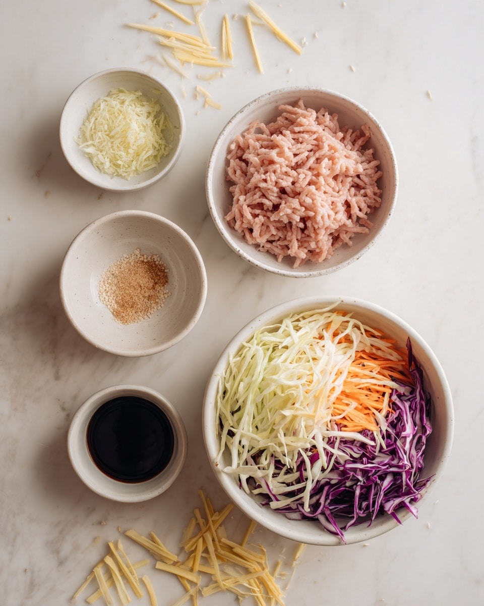 The image shows four white bowls placed on a white marbled surface. The largest bowl on the right is filled with shredded coleslaw, with layers of white cabbage, purple cabbage, and small strips of orange carrot mixed together, giving it a colorful and textured look. Above it is a medium bowl filled with pale pink ground meat, neatly packed with visible lines and a slightly moist texture. To the left are two small bowls, the top one contains minced garlic and light brown powder, with a slightly coarse texture, while the bottom bowl holds a dark liquid, smooth and shiny on the surface. Around the bowls on the marbled surface, there are scattered thin light yellow fry strips and some white sesame seeds. photo taken with an iphone --ar 4:5 --v 7