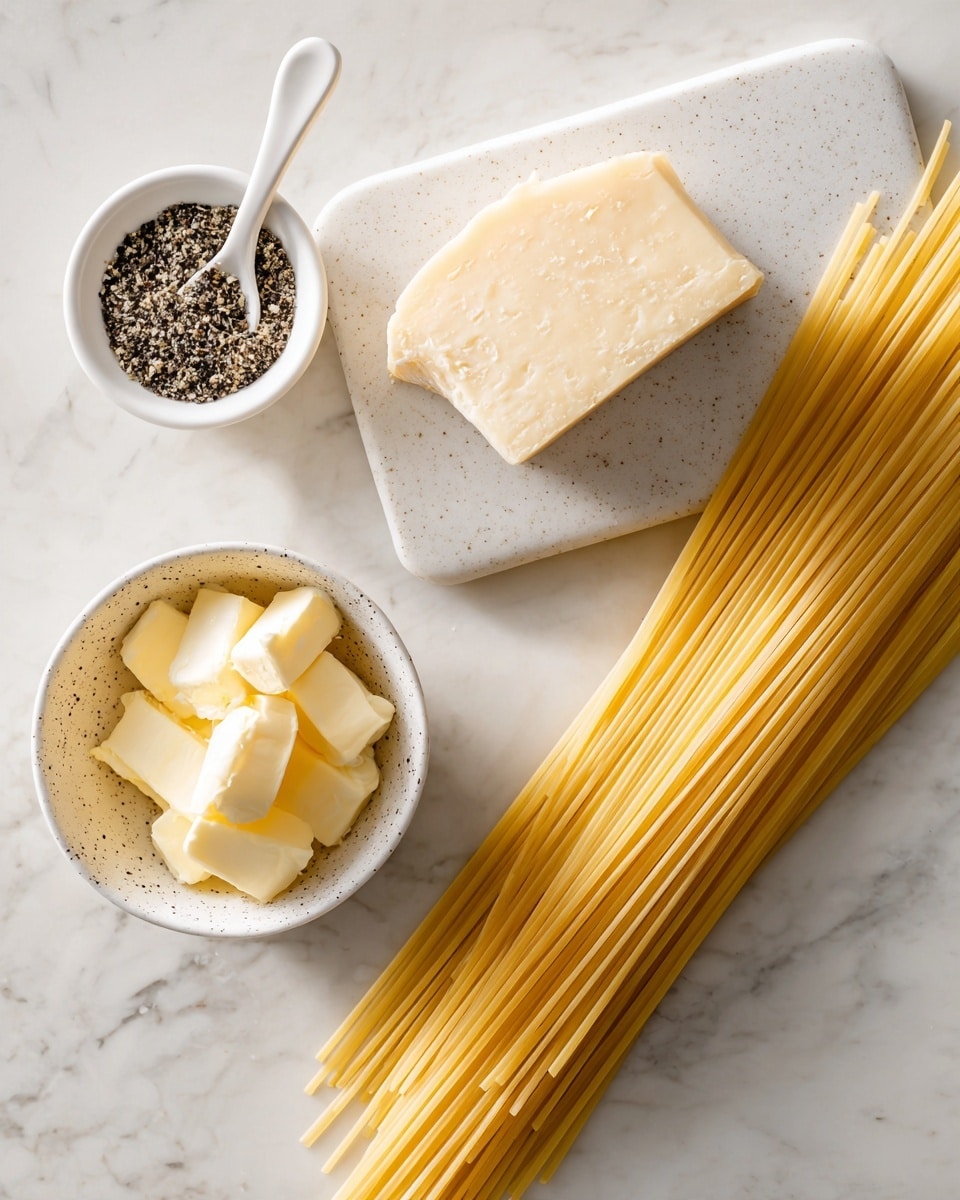 The image shows three simple ingredients arranged on a white marbled surface. On the right side, there is a bundle of long, uncooked pale yellow pasta laid parallel and slightly loose at the top edge. In the middle, a wedge of light beige hard cheese with a smooth texture is placed on a white cutting board with specks, positioned horizontally. To the top left, a small white bowl holds coarse ground black pepper with a white spoon resting inside, the spoon touching the pepper. At the bottom left, a white bowl with black splatter details contains soft butter pieces in pale yellow, slightly uneven in shape. The light is bright and soft, highlighting the colors and textures. Photo taken with an iphone --ar 4:5 --v 7